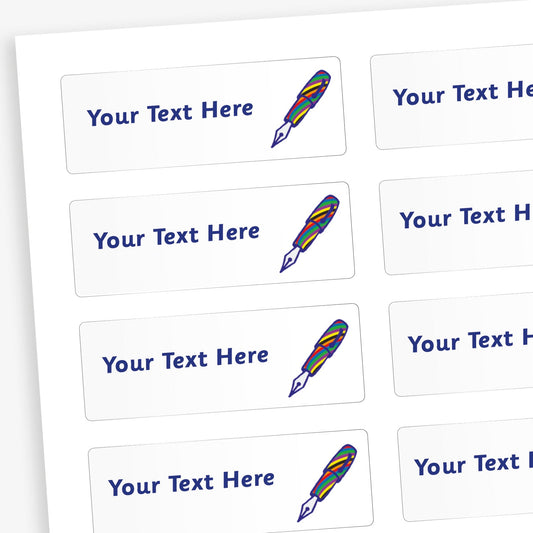 Sheet of rectangular white stickers with blue placeholder text reading 'Your Text Here'. Each sticker features a small illustration of rainbow coloured fountain pen.