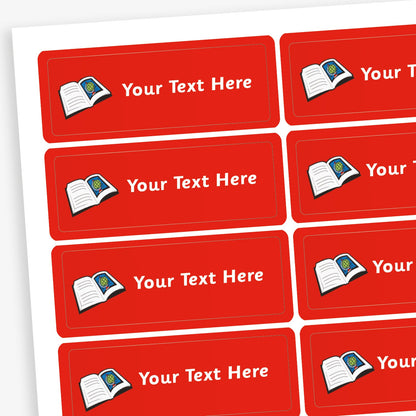 Sheet of rectangular red stickers with white placeholder text reading 'Your Text Here'. Each sticker features a small illustration of an open book with a globe on one page.