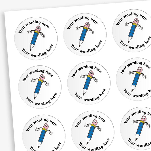 Sheet of white, circular stickers.  There is a smiling blue pencil illustration with it's hands out as a central image.  Placeholder text above and below 'Your wording here' indicate customisation options.