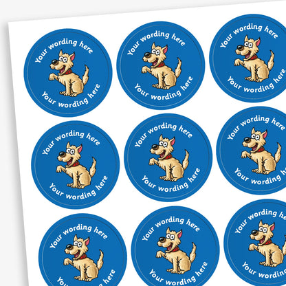 A sheet of circular reward stickers featuring a blue background with a cream dog sat with a paw raised in the centre. Each sticker includes the placeholder text 'Your wording here' curved along the top and bottom edges, indicating customisable space for personalised messages