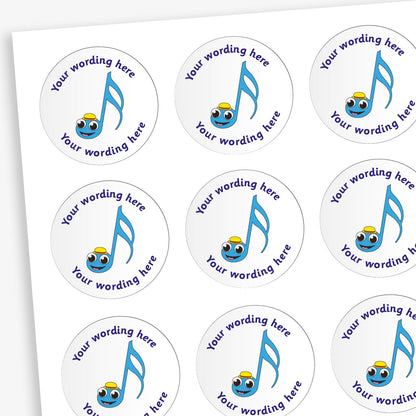 A sheet of circular reward stickers featuring a white background with a blue smiling musical note in the centre. Each sticker includes the placeholder text 'Your wording here' curved along the top and bottom edges, indicating customisable space for personalised messages