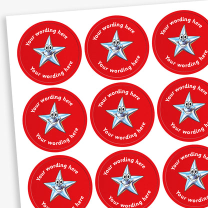 A sheet of circular, red reward stickers featuring a cartoon silver, smiling star as a central image. Placeholder text above and below 'Your wording here' indicate customisation options.