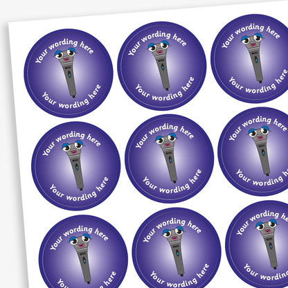 A sheet of circular reward stickers featuring a purple gradient background with a smiling microphone in the centre. Each sticker includes the placeholder text 'Your wording here' curved along the top and bottom edges, indicating customisable space for personalised messages