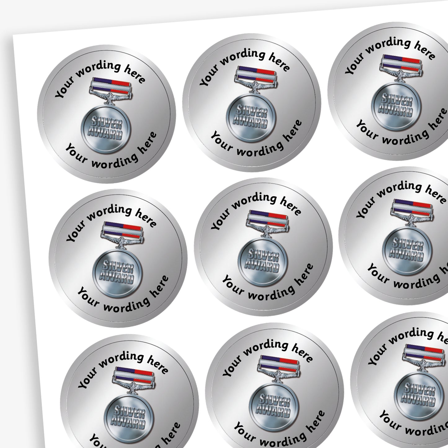 70 Personalised Silver Award Medal Stickers - 25mm