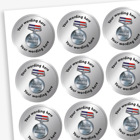 70 Personalised Silver Award Medal Stickers - 25mm