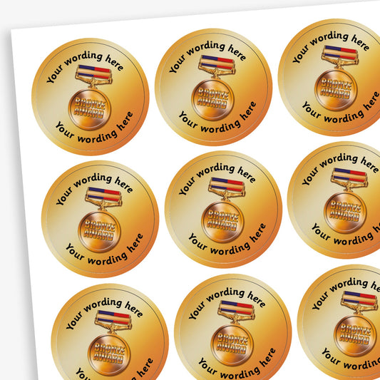 70 Personalised Bronze Award Medal Stickers - 25mm