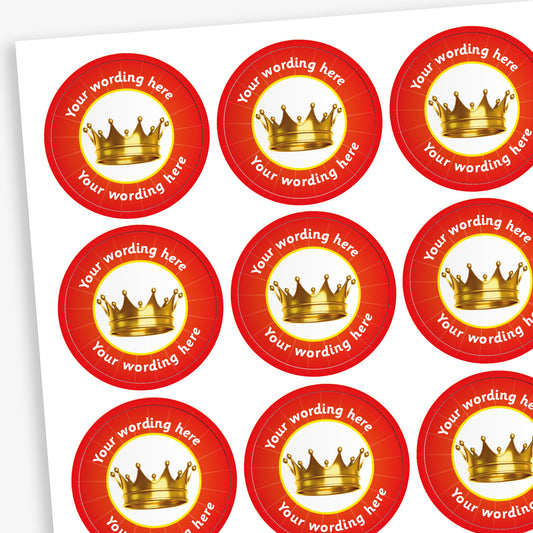70 Red Personalised Crown Stickers – Each 25mm sticker features a bold crown graphic and can be customised with personalised text. Available in six bright colours—red, green, yellow, cyan, magenta, and blue.
