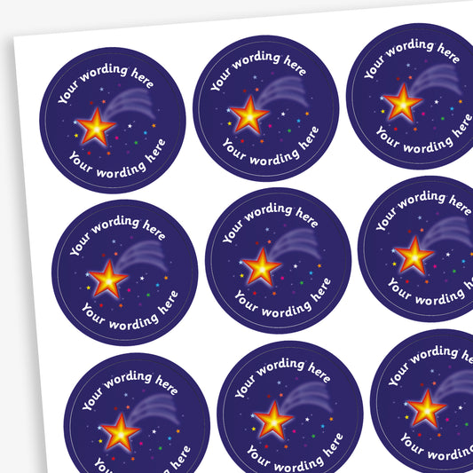 A sheet of circular reward stickers featuring a shooting star as a central image on a purple starry background. Placeholder text above and below 'Your wording here' indicate customisation options.