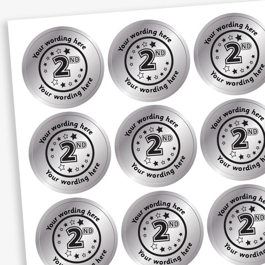 Sheet of 70 personalised 25mm circular stickers with a metallic silver finish; each sticker features a bold '2nd' in the centre, surrounded by the customisable text 'Your wording here' above and below, designed to reward pupils for achieving second place.
