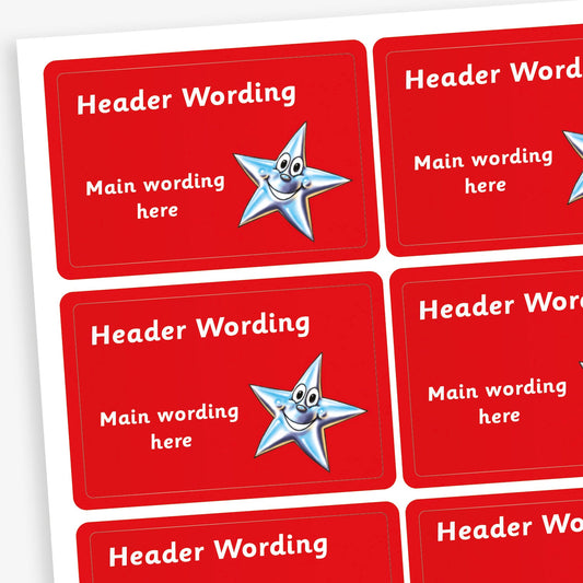 A sheet of rectangular red stickers with a cartoon silver star which is smiling. Each sticker has placeholder text reading 'Header Wording' at the top and 'Main wording here' in the centre. The stickers are designed for custom use, allowing personalised messages to be added.