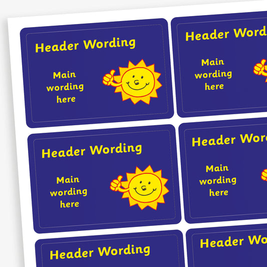 A sheet of rectangular dark blue stickers featuring a smiling sun giving a thumbs up sign. Each sticker has placeholder text reading 'Header Wording' at the top and 'Main wording here' in the centre. The stickers are designed for custom use, allowing personalised messages to be added.