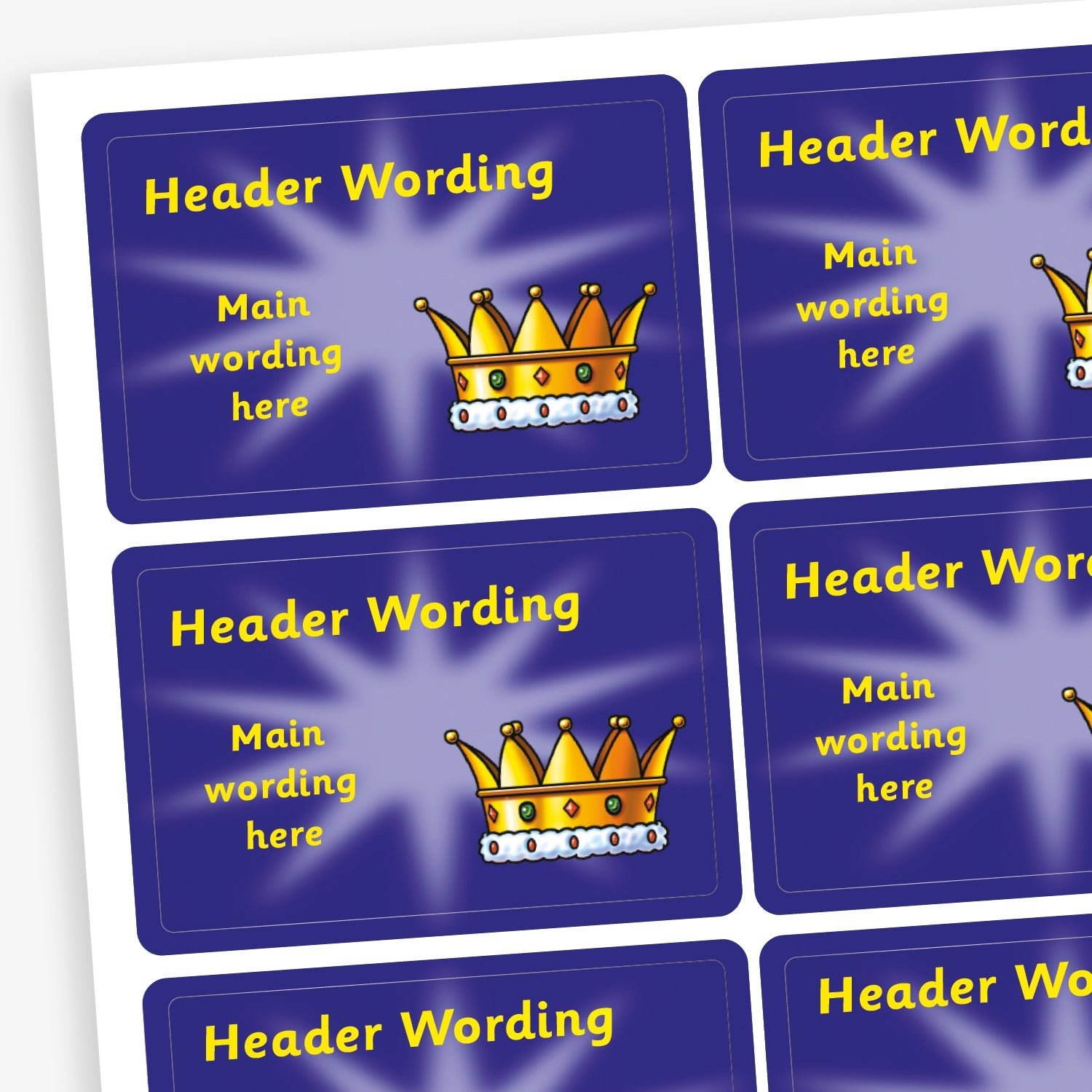 A sheet of rectangular dark blue stickers featuring a gold crown with five jewels and fur trim. Each sticker has placeholder text reading 'Header Wording' at the top and 'Main wording here' in the centre. The stickers are designed for custom use, allowing personalised messages to be added.