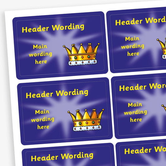 A sheet of rectangular dark blue stickers featuring a gold crown with five jewels and fur trim. Each sticker has placeholder text reading 'Header Wording' at the top and 'Main wording here' in the centre. The stickers are designed for custom use, allowing personalised messages to be added.