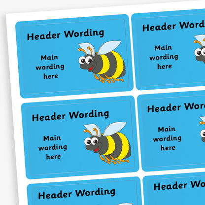 A sheet of rectangular blue stickers featuring a cartoon bumblebee with a cheerful expression. Each sticker has placeholder text reading 'Header Wording' at the top and 'Main wording here' in the centre. The stickers are designed for custom use, allowing personalised messages to be added.