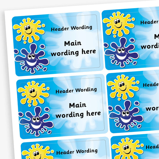 A sheet of rectangular cyan stickers featuring a yellow and a blue smiling splat, with a background aded white splat behind the wording. Each sticker has placeholder text reading 'Header Wording' at the top and 'Main wording here' in the centre. The stickers are designed for custom use, allowing personalised messages to be added.