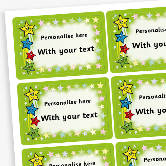 A sheet of rectangular green bordered stickers with four cartoon smiling stars down the left hand side, red, blue, green and yellow; and delivcate stars scattered around the remaining border.   Each sticker has placeholder text, over the white central part, reading 'Personalise here ' at the top and 'With your text' in the centre. The stickers are designed for custom use, allowing personalised messages to be added.