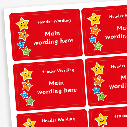 A sheet of rectangular red stickers with four cartoon smiling stars down the left hand side - Yellow, orange, blue and green. Each sticker has placeholder text reading 'Header Wording' at the top and 'Main wording here' in the centre. The stickers are designed for custom use, allowing personalised messages to be added.