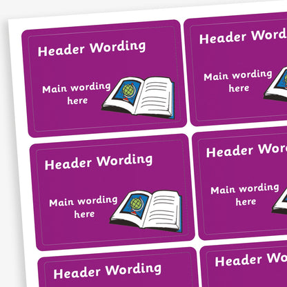 Sheet of purple rectangular labels with placeholder text 'Header Wording' and 'Main wording here'. Each label includes a cartoon illustration of an open book with a globe on one page. 