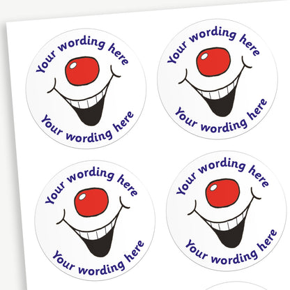 A sheet of white stickers featuring a red nose and laughing mouth.  Placeholder text 'Your wording here' is above and below the image.
