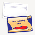 Personalised CertifiCARD measuring 86mm by 54mm, featuring a vibrant blue background with a scroll where a personalised message is added and a red pen; reverse side includes two white boxes for handwritten recipient details—ideal for recognising pupils' handwriting achievements.
