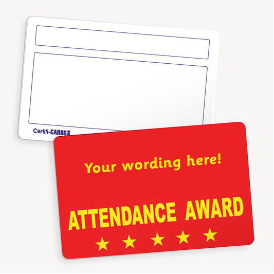 Personalised Attendance Award CertifiCARD featuring a red plastic card with text 'Your wording here! Attendance Award' in bold yellow letters and five yellow stars. The reverse side displays blank fields for recipient details. The card measures 86mm x 54mm and is designed for customisation with school or pupil information.