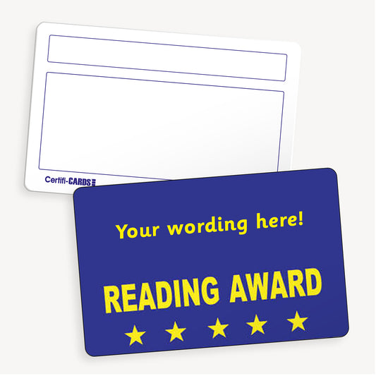 Personalised CertifiCARD measuring 86mm by 54mm, featuring a vibrant blue background with the phrase 'READING AWARD' in bold yellow text and five gold stars, with customisable yellow text lines above; reverse side includes two white boxes for handwritten recipient details—ideal for recognising pupil achievements in reading.
