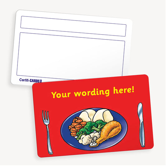 Personalised CertifiCARD featuring a blue plate with a roast dinner on with knife and fork, against a red background with customisable yellow text lines above the image; reverse side includes two white boxes for handwritten recipient details.
