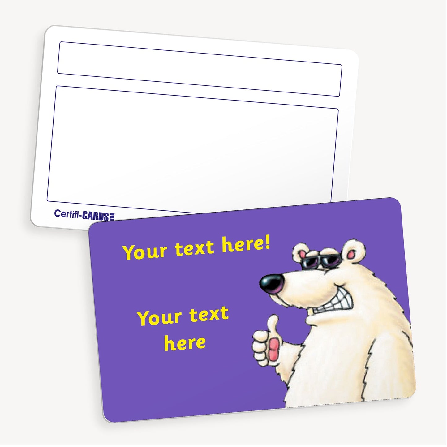 Personalised CertifiCARD featuring a polar bear wearing sunglasses. There s a purple background with customisable yellow text lines above and to the left of the image; reverse side includes two white boxes for handwritten recipient details.