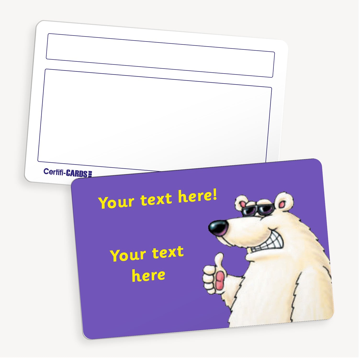 Personalised CertifiCARD featuring a polar bear wearing sunglasses. There s a purple background with customisable yellow text lines above and to the left of the image; reverse side includes two white boxes for handwritten recipient details.