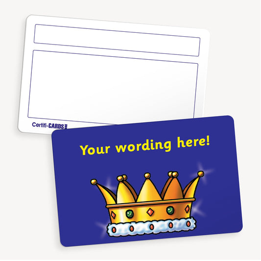 Personalised CertifiCARD featuring a gold crown with 5 jewels on it against a dark blue background with customisable yellow text lines above the image; reverse side includes two white boxes for handwritten recipient details—ideal for recognising pupil achievements