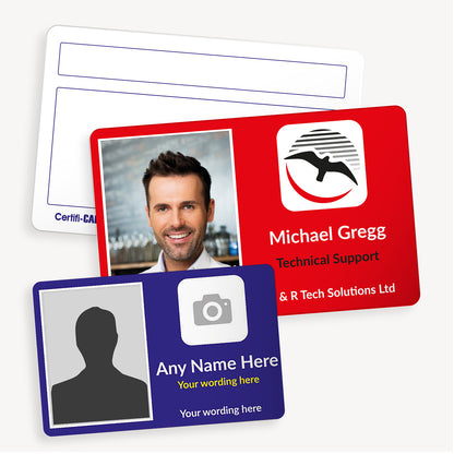 Customisable ID card measuring 86mm by 54mm, featuring a colourful background of your choice with a border incorporating your uploaded logo; includes space for a photo, name, role, and additional details.