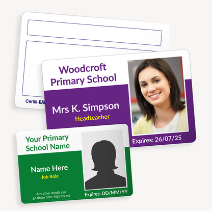 Personalised photo ID cards from Primary Teaching Services, featuring a sample layout with a staff photo, company  name, staff member's name and role, and expiry date. The cards are available in plastic or eco card material, measuring 86mm x 54mm.