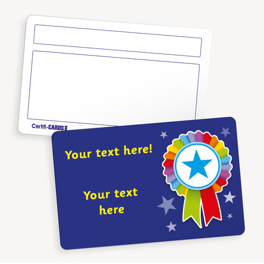 Personalised CertifiCARD featuring a vibrant rainbow rosette on a dark blue background with customisable yellow text lines to the left of the rosette; reverse side includes two white boxes for handwritten recipient details—ideal for recognising pupil achievements
