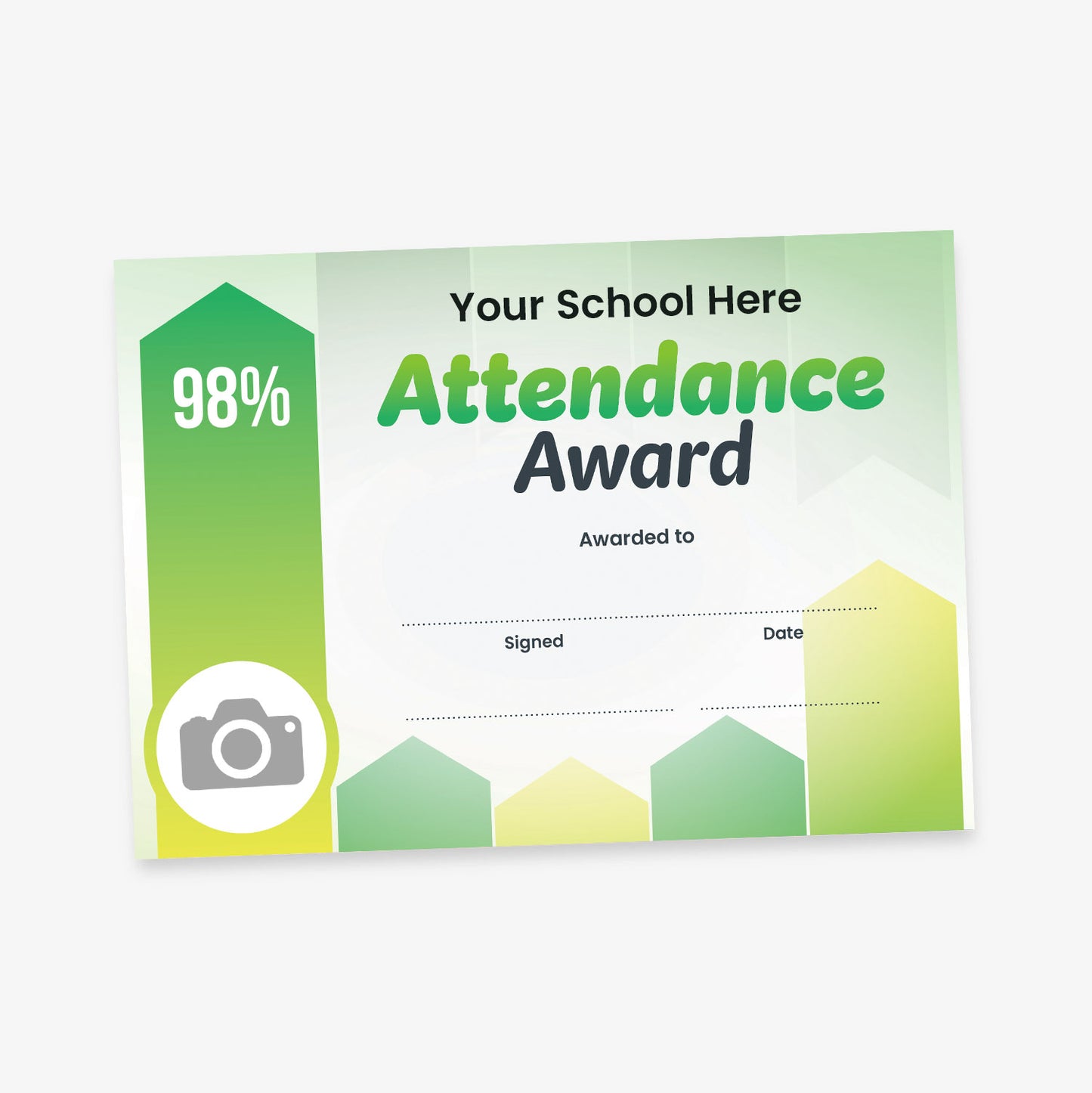 Personalised attendance award certificate with logo upload space, percentage achieved and choice of wording. Colour choice: Image shows green certificate.
