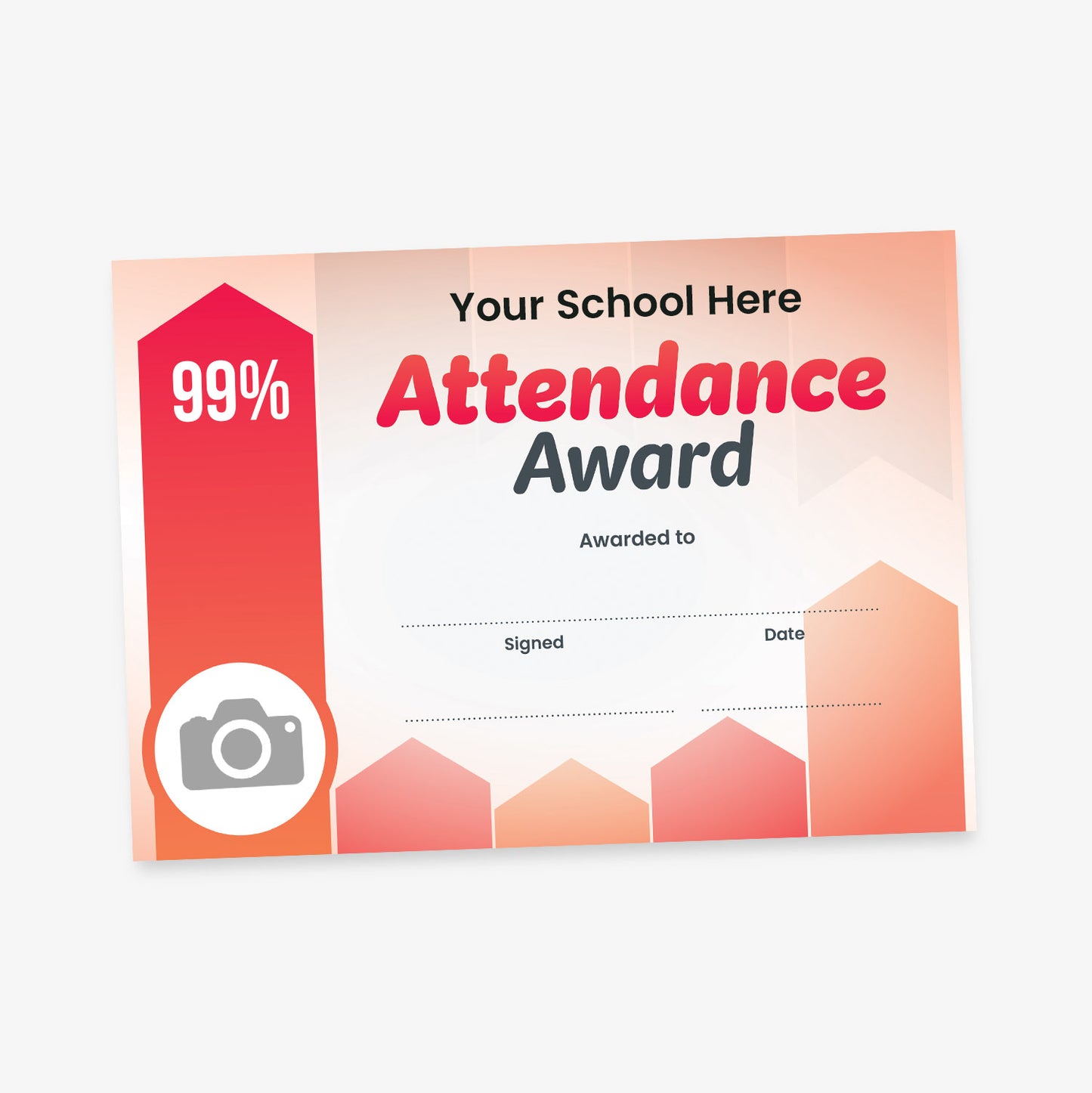 Personalised attendance award certificate with logo upload space, percentage achieved and choice of wording. Colour choice: Image shows red certificate.