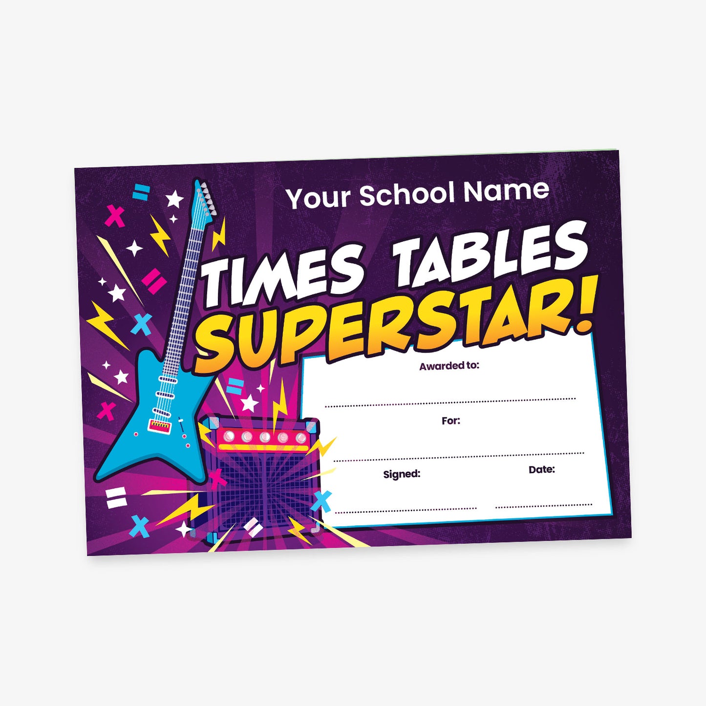 Times Tables Superstar certificate with guitar design on a purple background