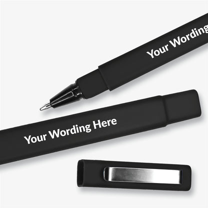 Black, square barrelled, textured ball point pen with  brushed metal clip on the lid.  Placeholder text 'Your Wording Here' on the barrel