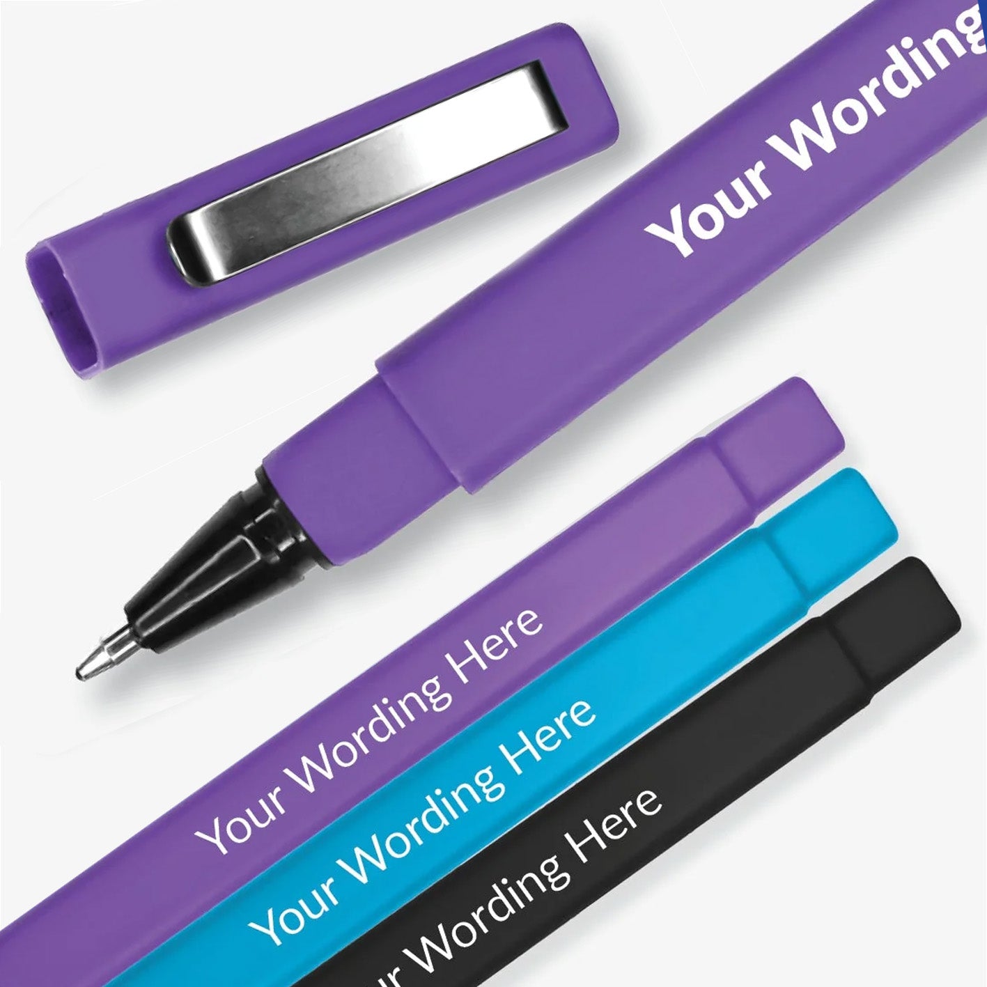 4 pens, one of each colour: Light blue, black, and two in purple; square barrelled, textured ball point pen with  brushed metal clip on the lid.  Placeholder text 'Your Wording Here' on the barrel