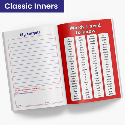 Internal pages of reading record book showing 'My Targets' page and a red page listing 'Words I need to Know'