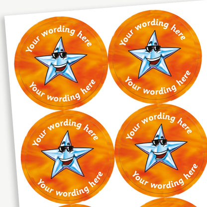 A sheet of orange marbled stickers featuring smiling silver star wearing sunglasses in the centre.  Placeholder text 'Your wording here' is above and below the image for customisation.