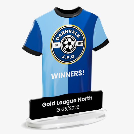 Acrylic t-shirt plaque showing light and dark blue halves sports shirt with a black trim featuring 'Garnvale J.F.C.' emblem and 'Gold League North' text below.