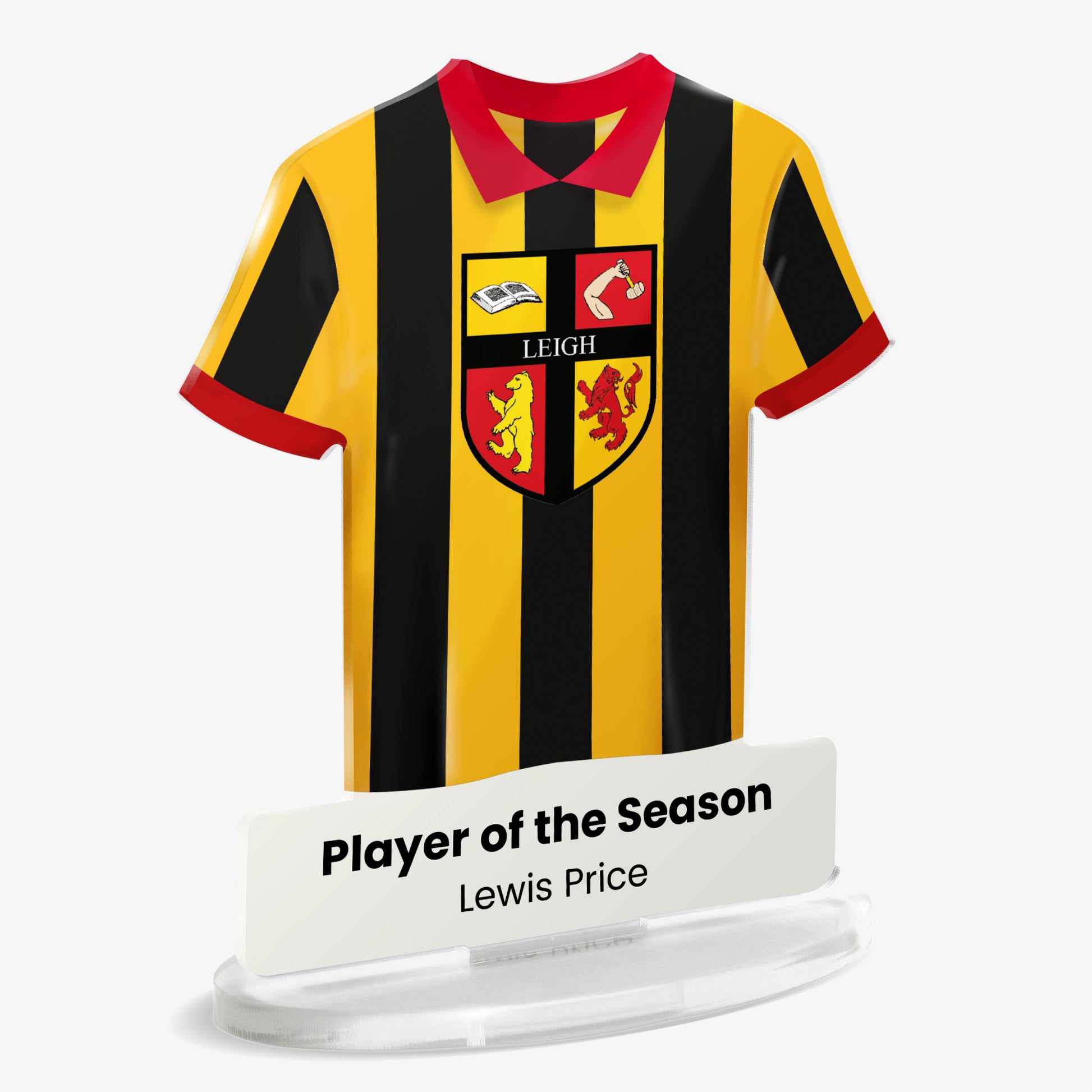 Acrylic t-shirt plaque showing black and gold striped sports shirt with a red collar featuring 'Leigh' emblem and 'Player of the Season' text below.