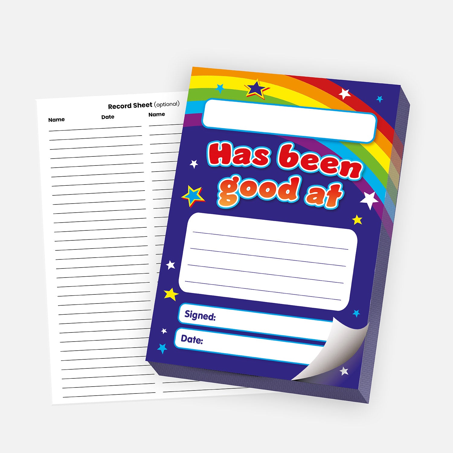 Reward pad with a dark blue background, rainbow arc, and colourful stars. The message reads '[Blank] has been good at [blank]' with space for comments, a signature, and date. A detachable record sheet for tracking names and dates is placed beside the pad.
