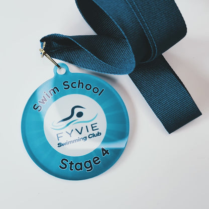 Video of personalised logo acrylic medal with blue ribbon