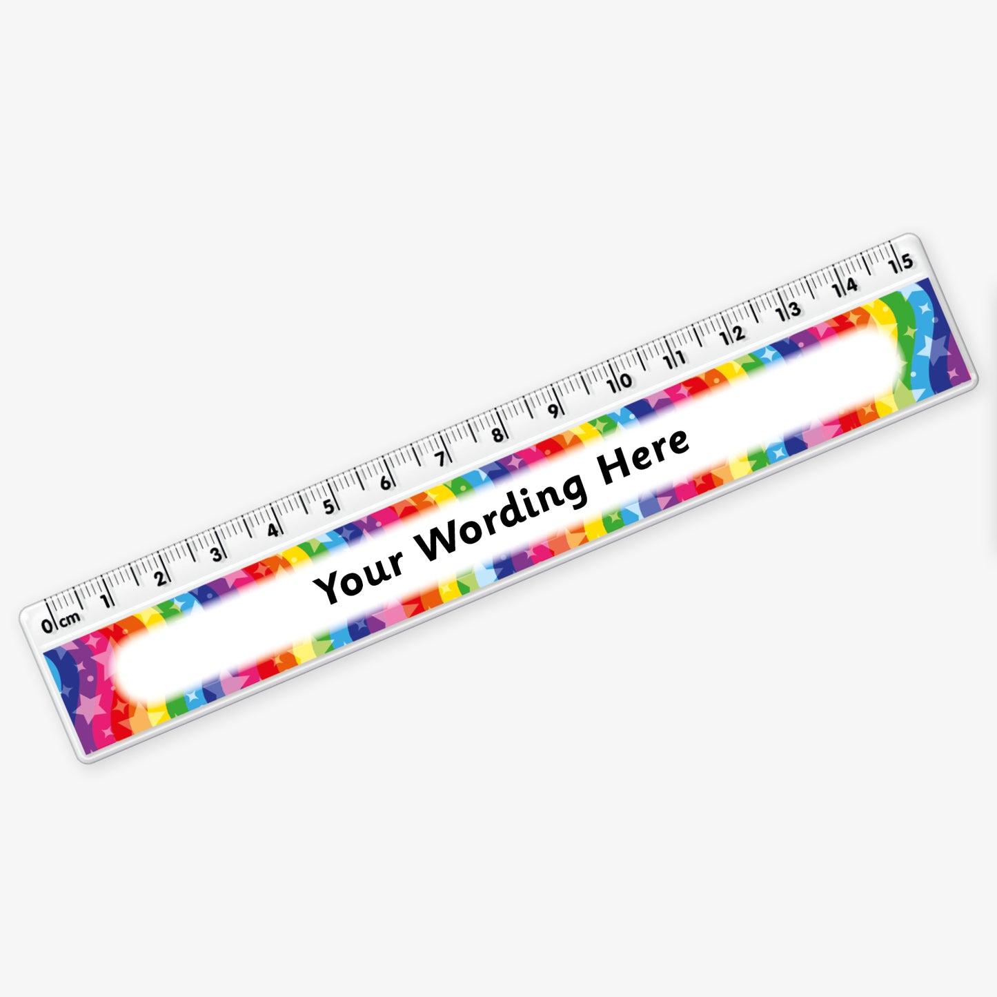 15cm plastic ruler with a rainbow coloured swirling background with stars with space in the centre for custom wording in bold text.