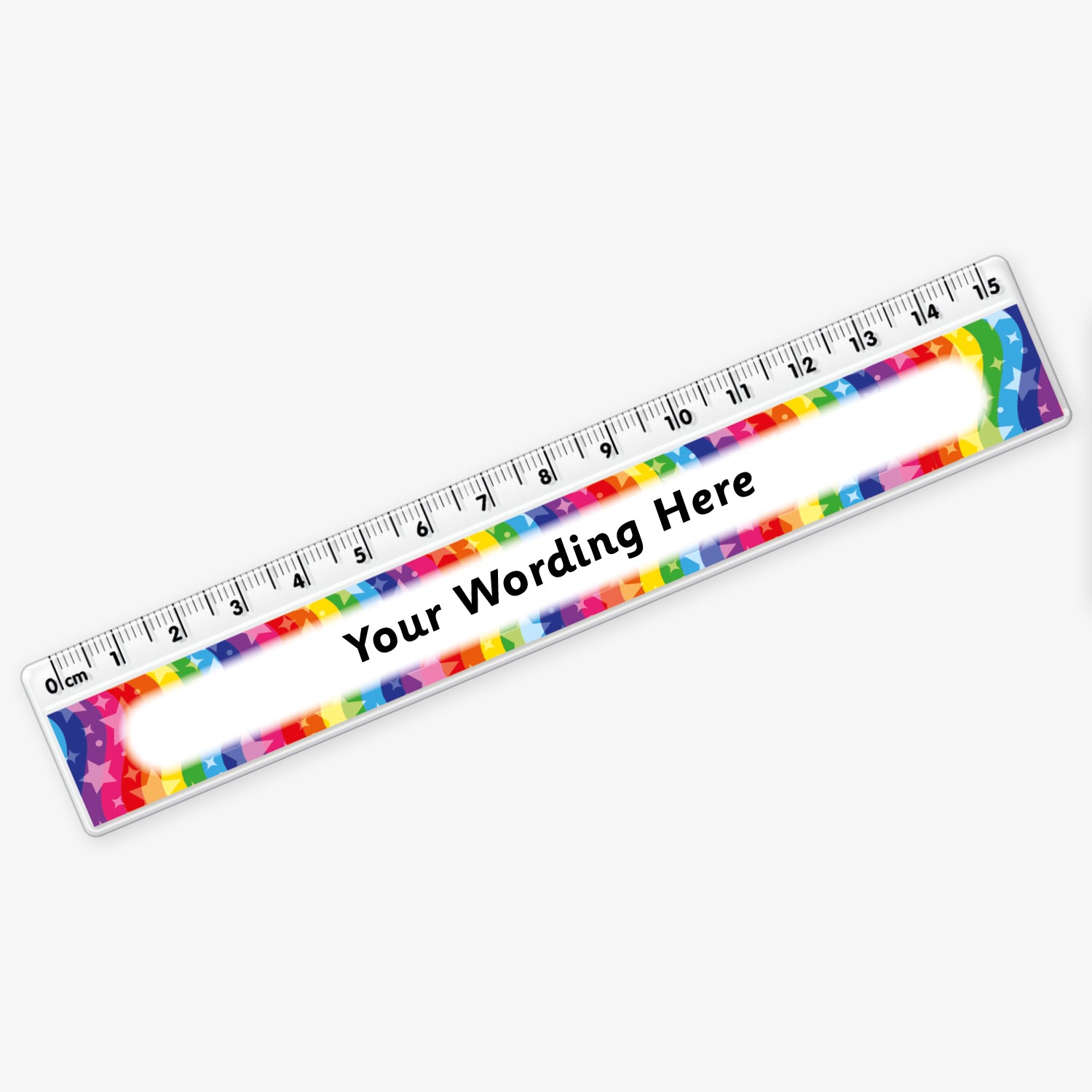 15cm plastic ruler with a rainbow coloured swirling background with stars with space in the centre for custom wording in bold text.