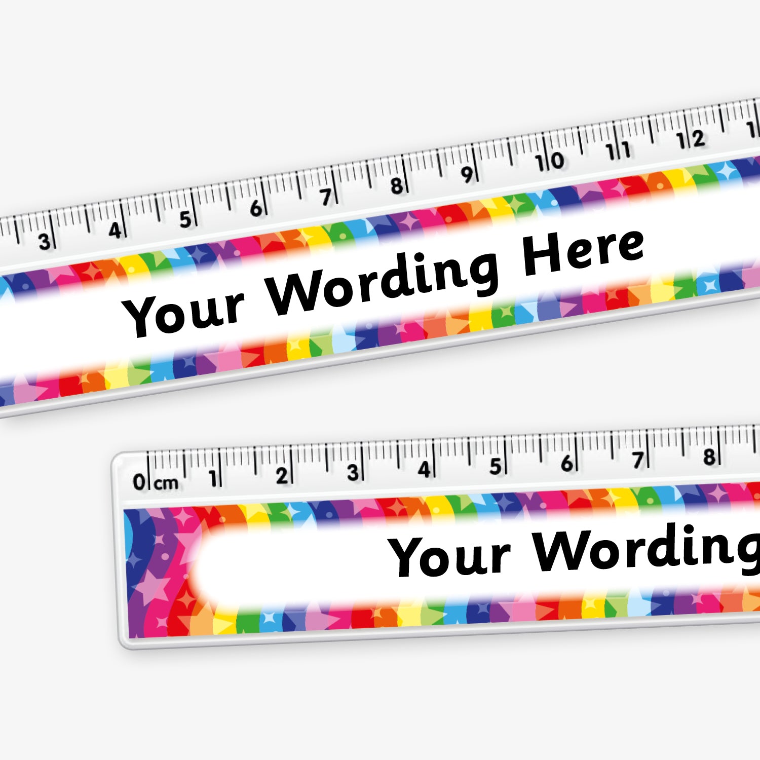 Close up of a 15cm plastic ruler with a rainbow coloured swirling background with stars with space in the centre for custom wording in bold text.