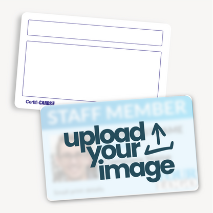 Customisable ID card measuring 86mm by 54mm, featuring a an icon that the full front of the card is an 'Upload your image'.  You also see the reverse of the card with 2 text boxes.