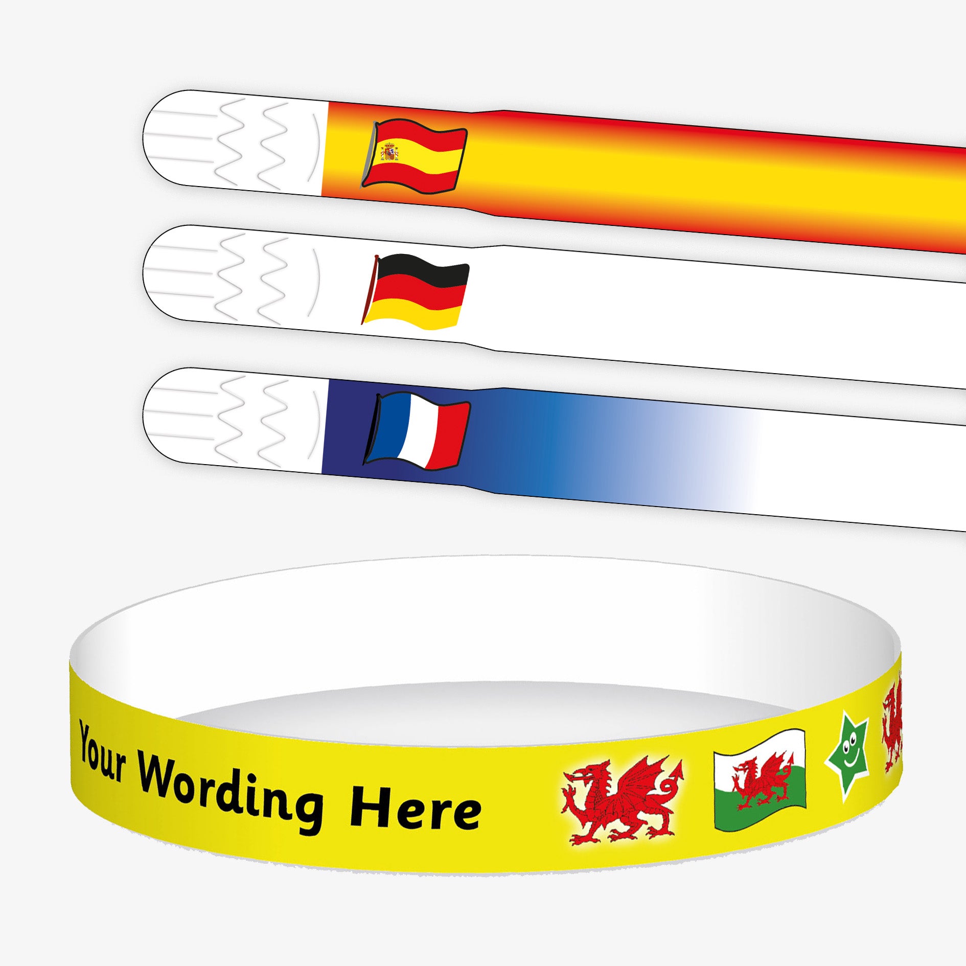 A customisable wristband with a yellow background and black text.  The centre is displaying the placeholder text 'YOUR WORDING HERE'.  Also showing alternative designs with Spanish, German and French flags and colours.