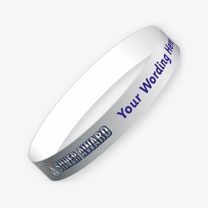 Silver wristband with a silver medal and the words 'SILVER AWARD' in blue keyline text.  There is placeholder text - Your Wording Here' representing customisation options.